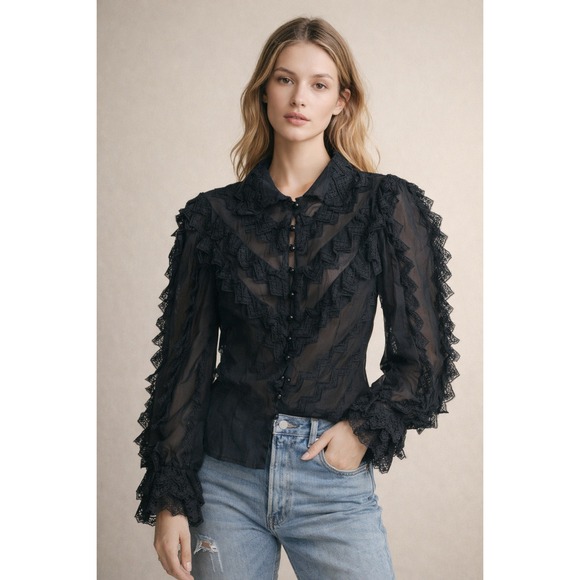 Chloé Vintage Black Lace‎ Blouse XS Sheer Ruffle Victorian Romantic - Picture 2 of 9